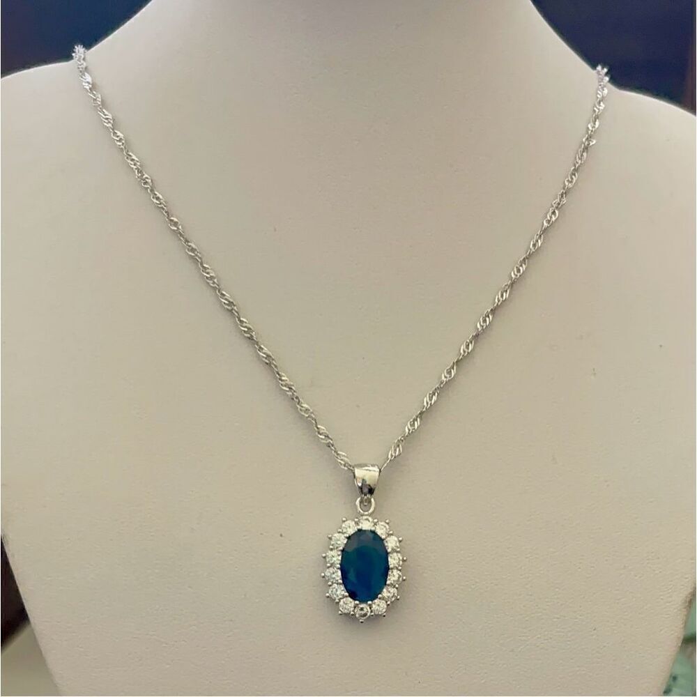 Oval Sapphire Blue CZ Stone Necklace Womens 18” W Extender Sterling Silver Chain